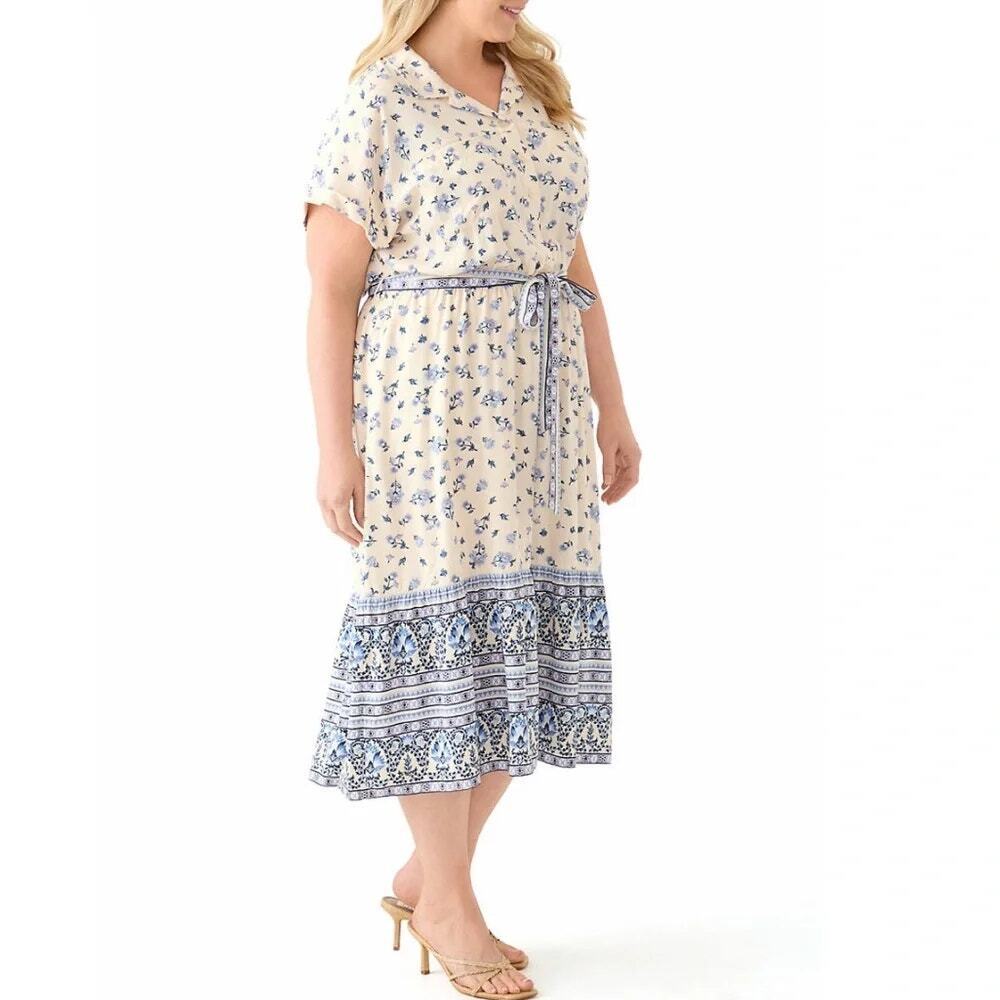 Lucky Brand Floral Short Sleeve Belted Midi Shirt Dress Cream Blue Women Plus 2X